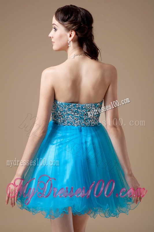 Cheap Beaded Strapless Princess Mini-length Prom Dresses in Teal Organza
